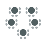 Icon depicting room set up with multiple round tables with each table surrounded by chairs facing front of room.