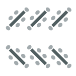 Icon depicting room set up with two rows of rectangular tables placed an at angle with chairs on all sides of each table.