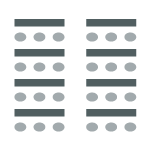 Icon depicting room set up with rows of desks with chairs behind each desk facing towards the front of the room