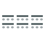 Icon depicting room set up with three columns of tables with chairs behind each table facing the front of the room.