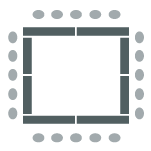 Icon depicting room set up with rectangular tables arranged in a large square with chairs surrounding the outer perimeter and the middle area open.