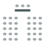 Icon depicting room set up with two rows of chairs with a center aisle facing a speaker panel table and chairs at the front of the room.