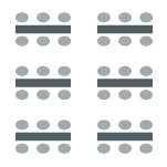 Icon depicting room set up with rows of tables with a center aisle and chairs on both sides of each table.