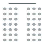 Icon depicting room set up with two rows of chairs with a center aisle facing a stage at the front of the room.