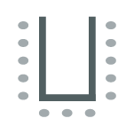 Icon depicting room set up with tables arranged in a U-shape with chairs along the outer perimeter of the tables.
