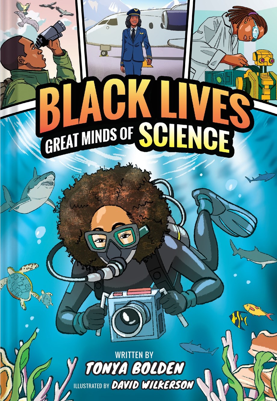 Four separate scenes showing Black men and women doing different scientific pursuits such as scuba diving, bird watching, flying a plane and working on a robot.
