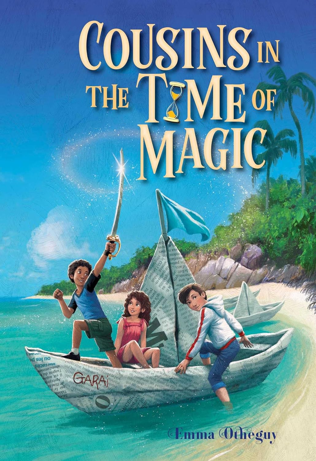 One girl and two boys on a boat that has stopped on shore. They are on a tropical island, one boy holds up a sword that seems to glow.