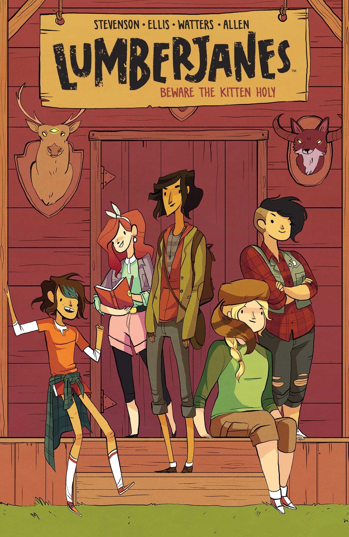 5 people some standing and some sitting on the steps of a log cabin.
