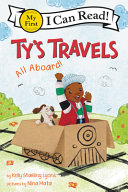 Young Black boy smiling and sitting in a cardboard train with a dog sitting behind him.