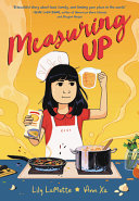 A girl wearing a chef hat and apron stands measuring ingredients in front of a stove with a pot on the burner.