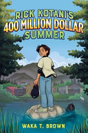 A boy standing on a rock in the middle of water holding his baseball cap and looking over his shoulder at the viewer.