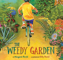Boy riding a bike through a wild garden.