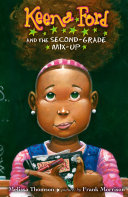 Young Black girl wearing a pink striped headband, pearl earrings and a vest over a pink shirt holding notebooks and looking nervous.