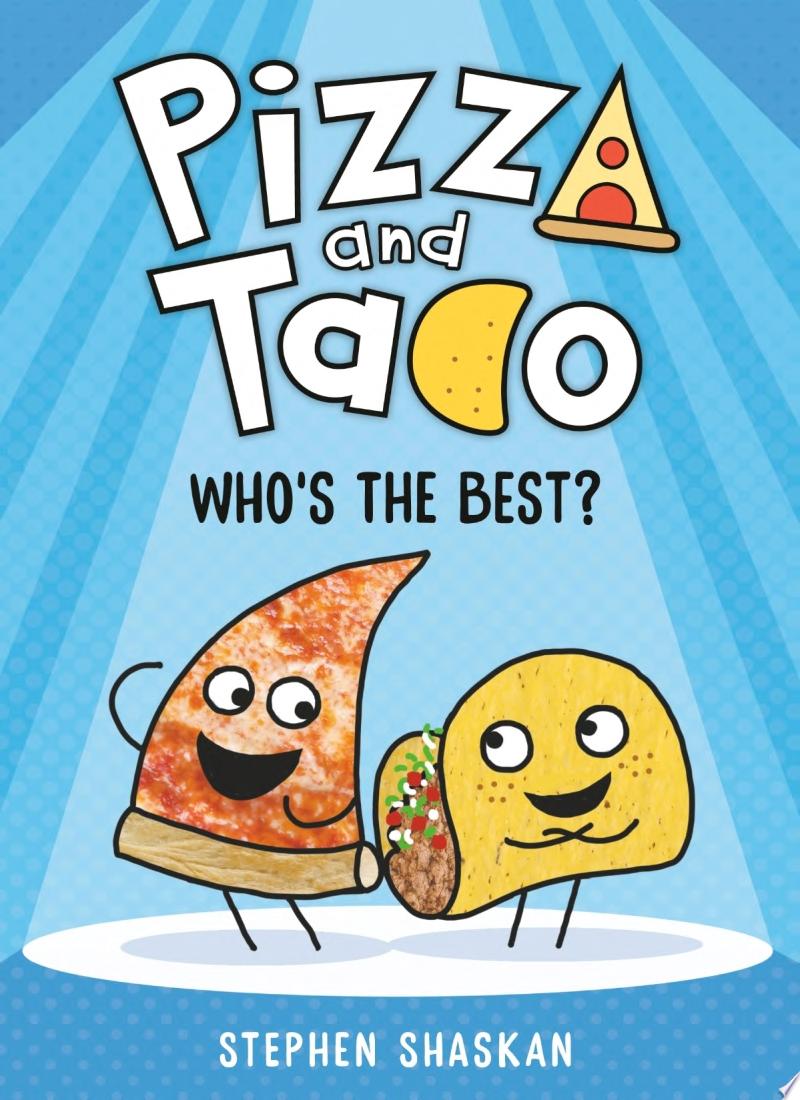 Blue background with a spotlight on a piece of pizza and taco both with smiling faces.