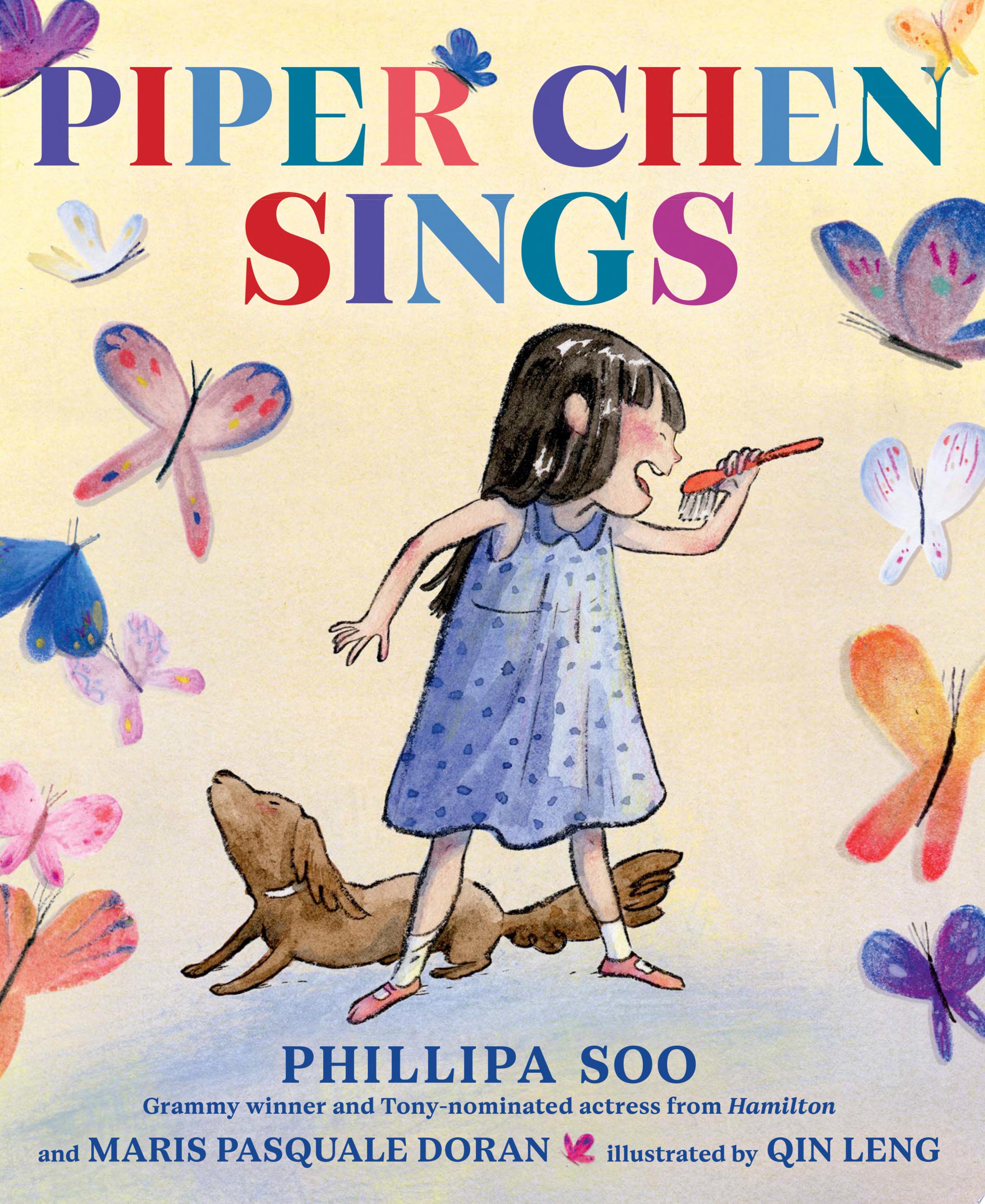 A young girl with red cheeks stands singing into a hairbrush with a dog under her feet. All around her are butterflies.