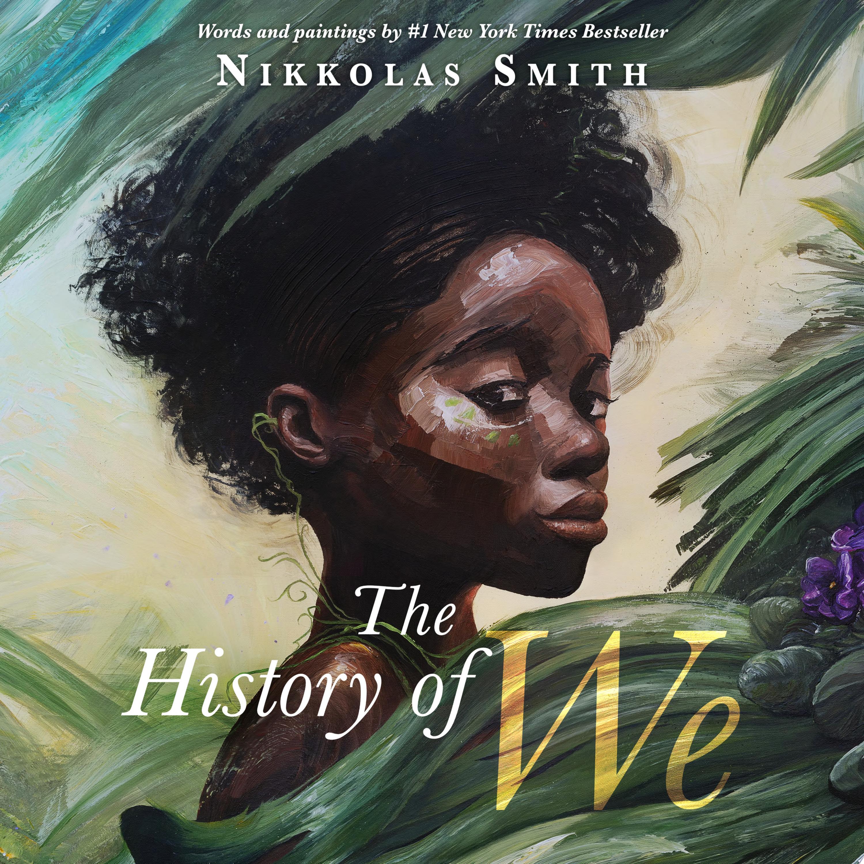 A painting of a Black girl looking off the cover at the viewer surrounded by green plants, a vine wrapping up her shoulder to her ear. Beneath her is the title.