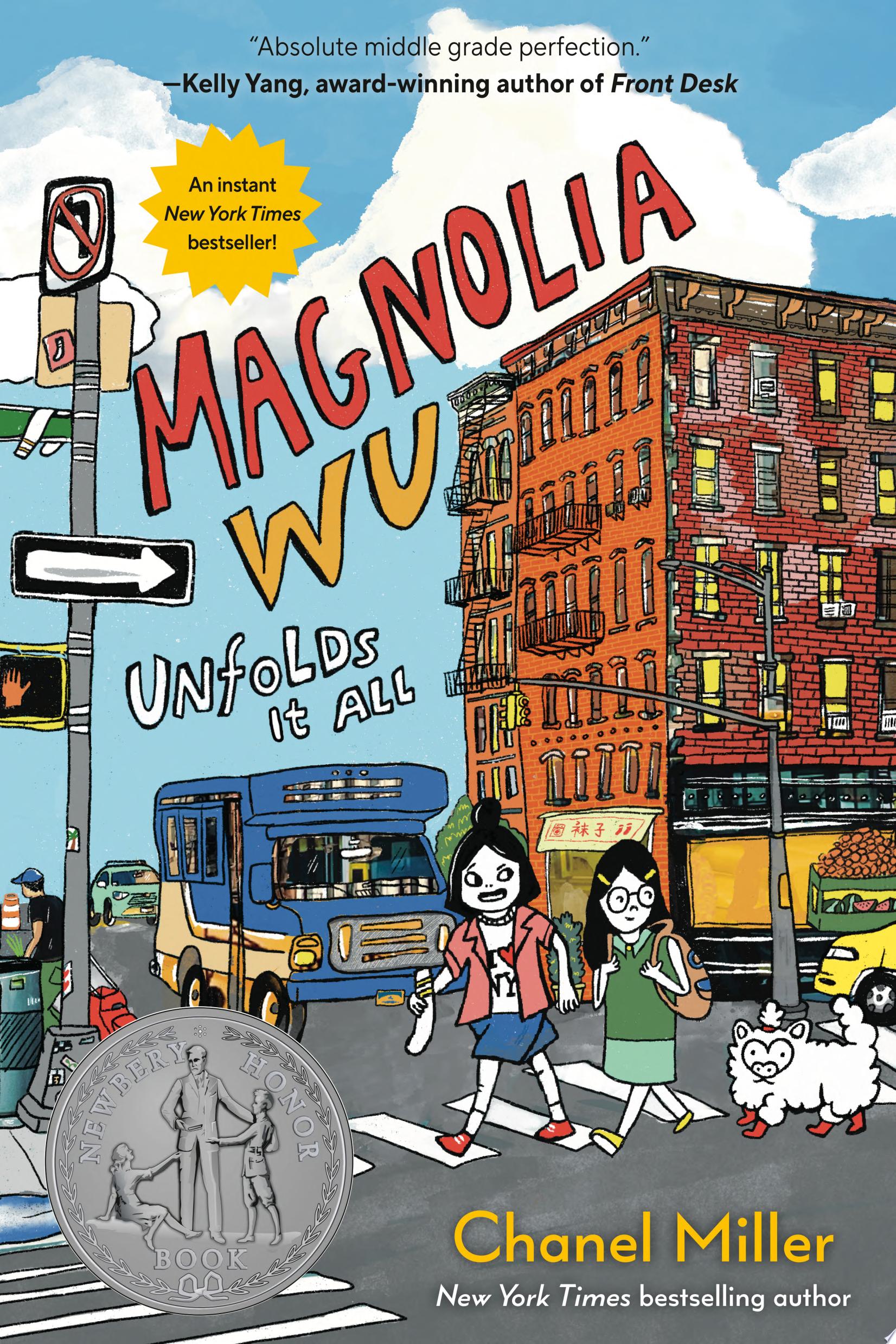 Two girls and a dog crossing a busy city street with a blue bus waiting for them to pass.