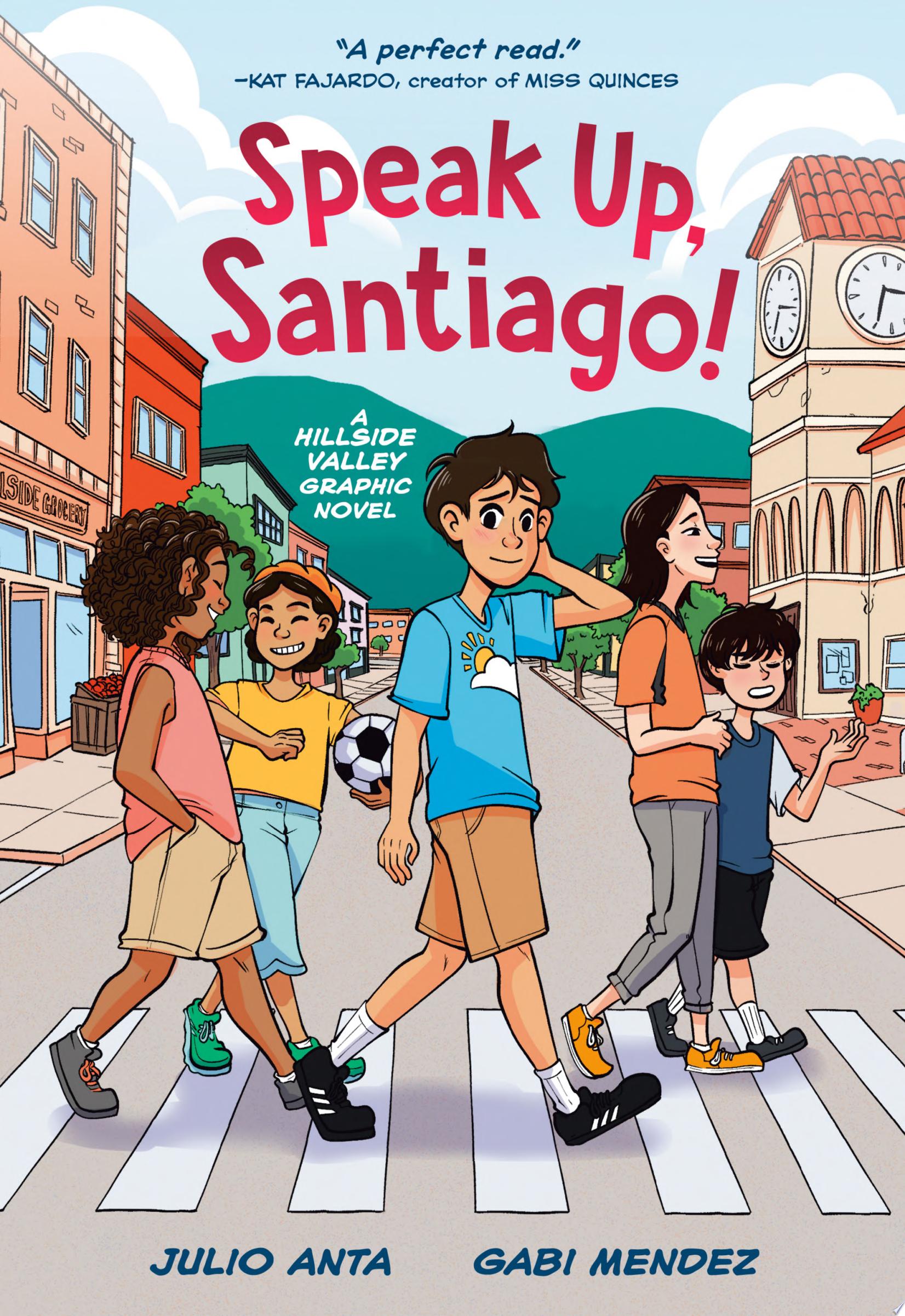 A group of people crossing the street with a town in the background. The focus is on a boy looking out at the viewer with his hand on the back of his head.