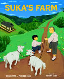 A young boy is walking a goat on a rope leash, next to him an older man is doing the same. They are walking on a dirt path through green fields, to the left is a house.