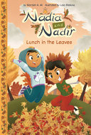 The main characters Nadia and Nadir. Nadia wears a hijab, blue sweatshirt and jeans. Nadir wears red pants, and a green shirt with white sleeves. The two of them are jumping into a pile of leaves.