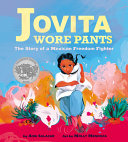 Main character Jovita running, behind her are hills and chickens in bright colors.