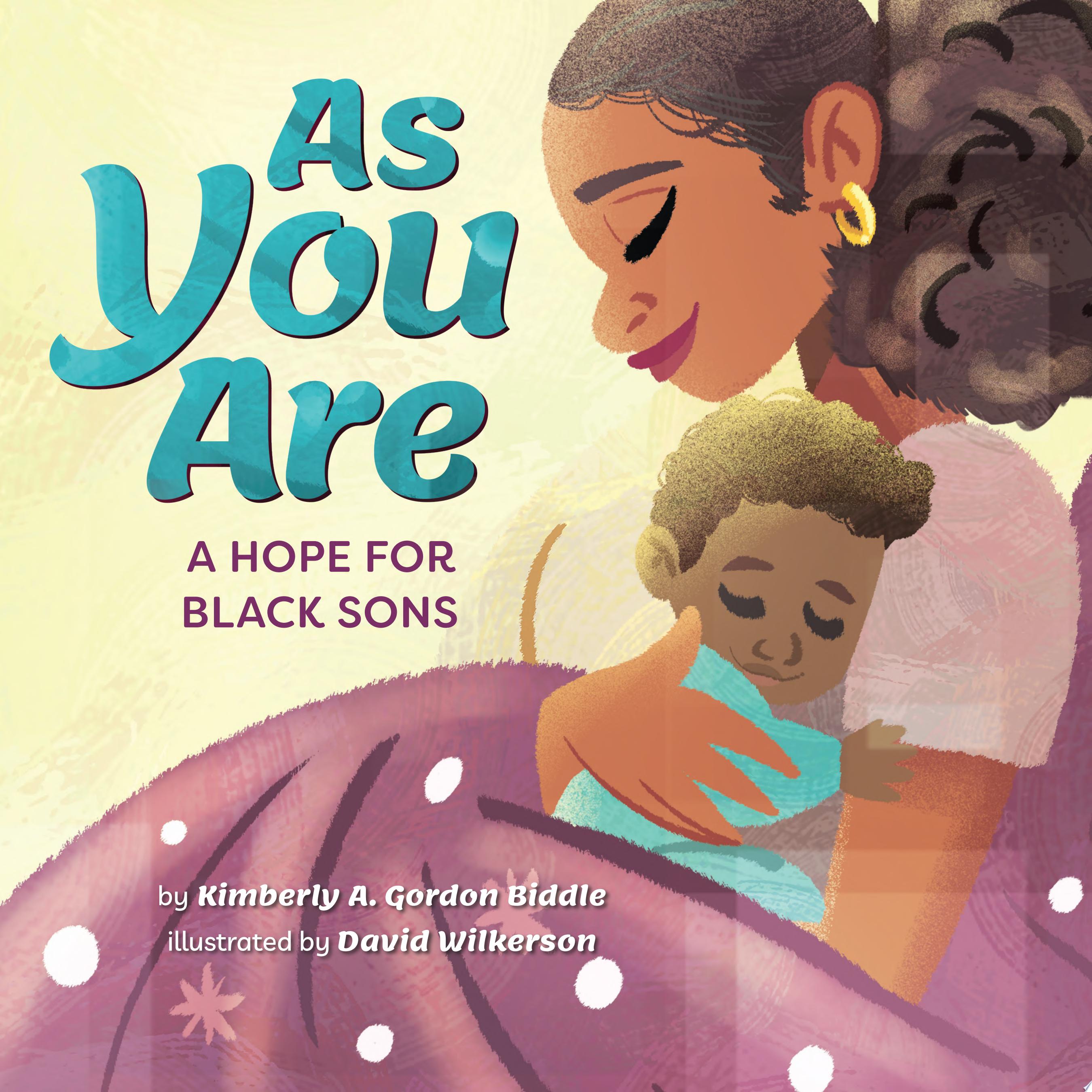 A Black mother hugs her baby son, both are covered in a purple and white polka dotted blanket.