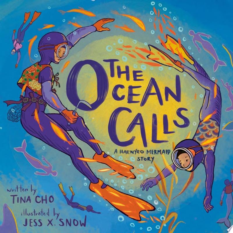 Two people swim under the sea wearing scuba suits surrounded by fish and other divers. Together they create a circle and in the middle in a yellow ball are the words "The Ocean Calls".