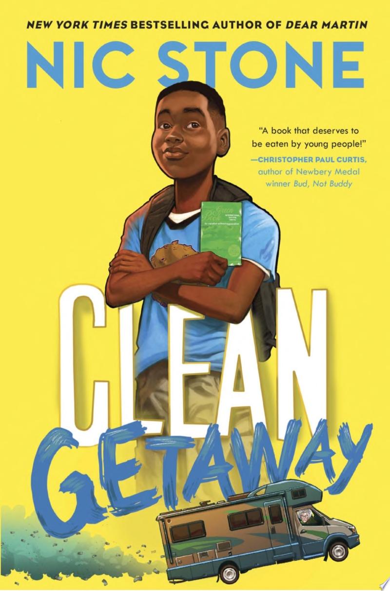 a Black boy standing with his arms crossed smiling, wearing a backpack and holding a green pamphlet. Below him we see a small RV with exhaust streaming behind it.