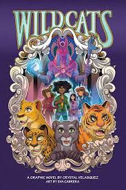 Dark purple background with wild cats and a group of kids standing with them. Above the group is a glowing figure.