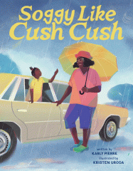 Gray sky with clouds and rain. There is a beige car with a little girl leaning out the window dressed in yellow and waving at her grandmother opening the car door dressed in a pink shirt, purple shorts and carrying a yellow umbrella.