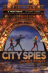 Three people running across a bar of the Eiffel tower at night.