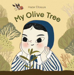 Light yellow background with little girl at the forefront. She has pink cheeks and is wearing a striped top with a blue handkerchief covering her head. She is holding her face in her hands and smiling down at a growing plant.