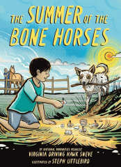 A boy sitting on the ground on a farm showing toys to a dog. In the background an older man brushes a horse in the background. The sky is blue and the sun is shining.