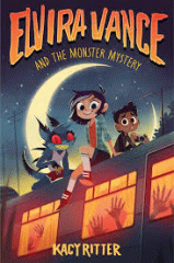 A girl, boy and cat creature sit on top of a train. Below in glowing orange windows we see hands reaching up.