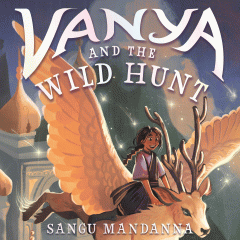 Castle and mountains in the background. In front a girl with a long braid riding a magical creature with wings.