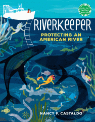 A boat floats on a river below under the water are scuba divers, whales, fish and other creatures.