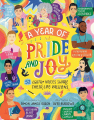 A yellow background with an array of different LGBTQ+ figures all over.