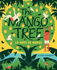Yellow background with a large mango tree in front. Two boys are playing in the tree, below are two alligators and different plants.