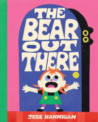 Yellow background with a purple door being shut against a black bear. A little girl is holding the door closed.