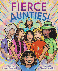 A young girl with her arms up, behind her are all different smiling women.