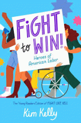 Blue background with a group of 3 people walking and 1 using a wheelchair. Together they hold a sign that says "Fight to Win".