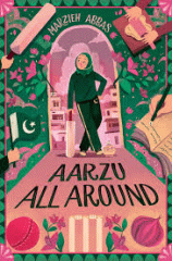 A girl in green wearing a hijab and holding a cricket bat stands in a doorway. She looks out at the room in front of her that shows pairs of hands writing, baking and holding a flag. There are other items all over the room like a cricket ball, an onion and flowers. On the ground are the words "Aarzu All Around".