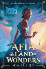 Blue shadowed tree in the background with a cat-like creature in the branches and another animal beside the tree. In front of the tree is a Black girl in a blue one shouldered dress with a gold arm cuff and bracelet