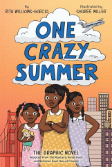 Orange ombre background with white clouds in the sky and a city skyline below. Three girls in the front standing next to each other in matching dresses. 