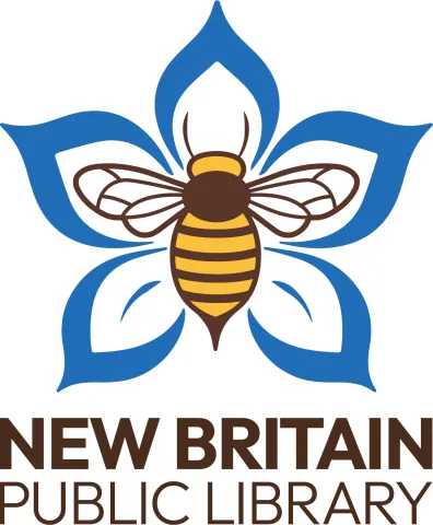 A yellow and brown bee on a blue stylized flower above the words New Britain Public Library