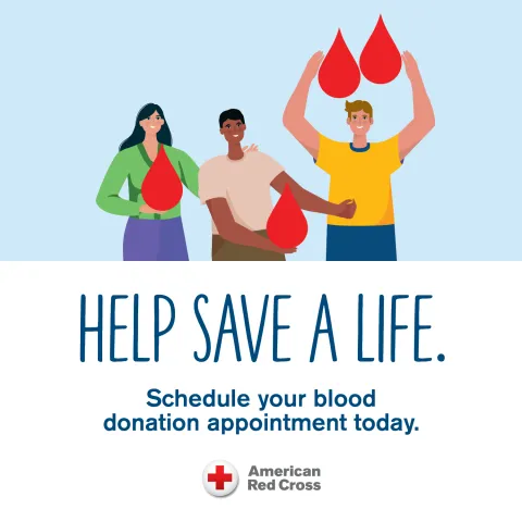 Illustrated poster that features three people and the words "Help Save A Life. Schedule your blood donation appointment today"