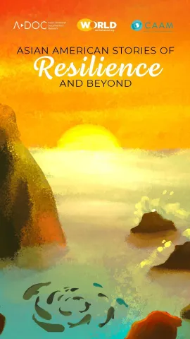 A graphic illustration of a rising sun over the ocean