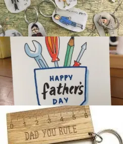 From top to bottom: Shrink plastic keychains of children's drawings of their dads, a Father's Day card that shows a jean pocket full of tools, an engraved wooden keychain that looks like a ruler and says "Dad, you rule."