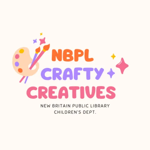 Cream background with colorful, bubble font saying "NBPL Crafty Creatives". On the left there is a paint palette with two brushes and small sparkles above. On the right, there are larger sparkles.