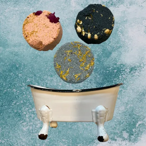 Photographs of bath bombs above a bath tub